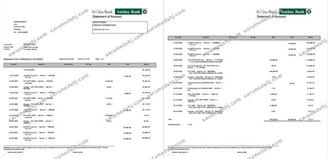 Sri Lanka Amana Bank statement of account Word and PDF template, 2 pages